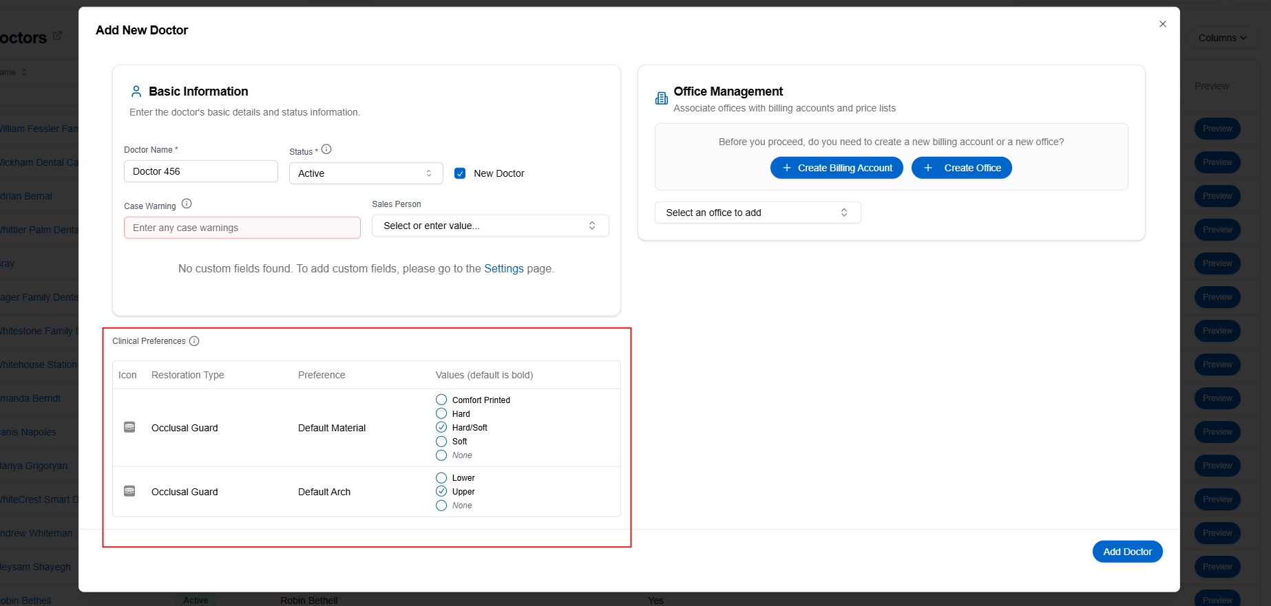 Preferences on Create Doctor Form