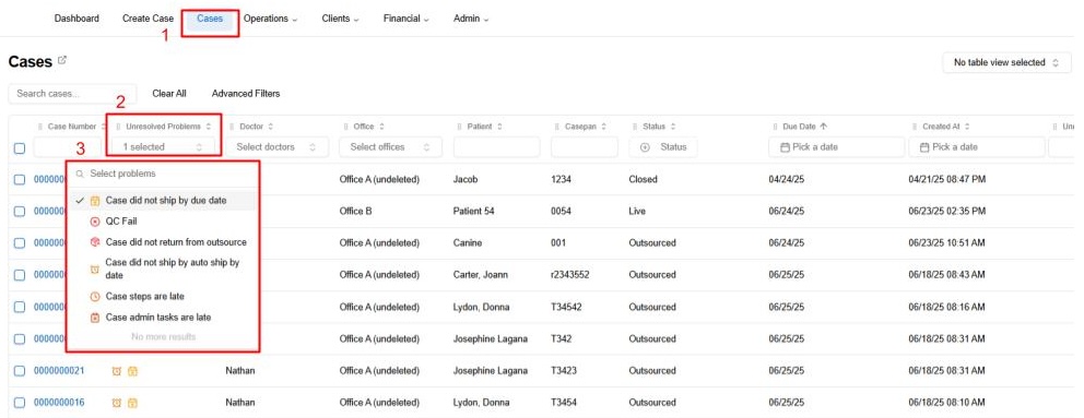 Case Problems -&gt; Cases search table